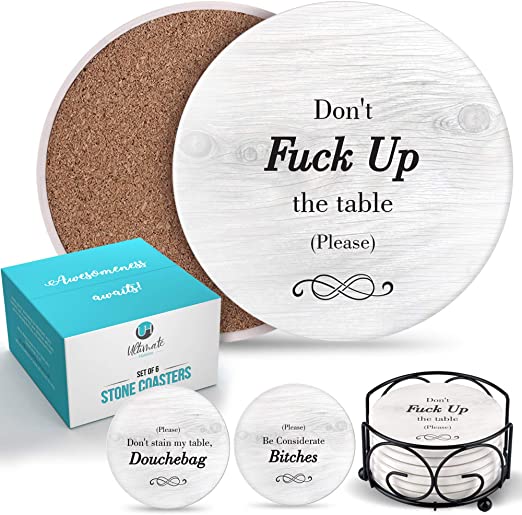 Funny Coasters for Drinks Absorbent with Holder | 6 Pcs Novelty Gift Set | 3 Sayings | Unique Present for Friends, Men, Women, Housewarming, Birthday, Living Room Decor, White Elephant, Holiday Party