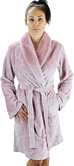 Women's Warm Fleece Robe with Faux Fur Collar Arabesque Pattern - Plush Super Soft Short Bath Robe