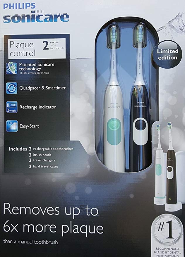 Philips Sonicare Limited Edition 2 Series Plaque Control Rechargeable Black and White Toothbrush - 2 Pack