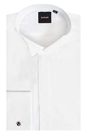 Dobell Mens White Tuxedo Shirt Regular Fit Wing Collar Plain Fly Front Double Cuff