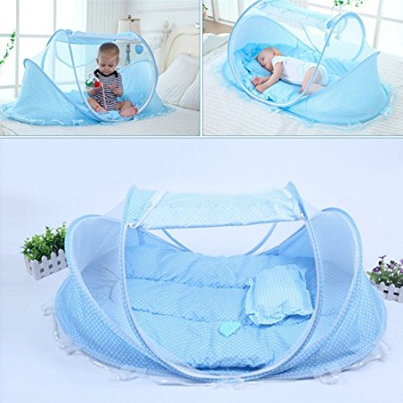 Baby Travel Bed,Infant Baby Bed Portable Mosquito Net Folding Baby Crib Netting Summer Autumn Portable Baby Cots Newborn Foldable Crib Net with Summer Sleeping Mat and Music Pack (Blue)