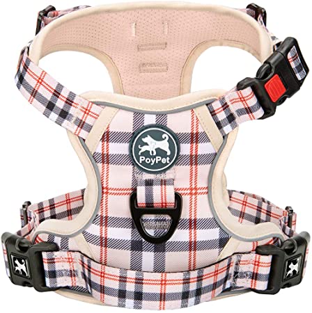 PoyPet No Pull Dog Harness, [Release on Neck] Reflective Adjustable No Choke Pet Vest with Front & Back 2 Leash Attachments, Soft Control Training Handle for Small Medium Large Dogs