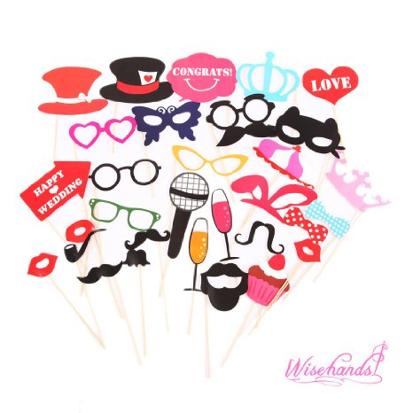 Wisehands Photo Booth Props DIY Kit for Wedding, Birthday, Party - Fun Accessories Glass Cap Moustache Lips Bow Ties, Pack of 31PCS