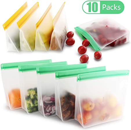 Reusable Food Storage Bags 10 Packs Sustainable Sandwich Bag PEVA Extra Thick Eco Friendly Leak-Proof Hygienic BPA Free Ziplock Lunch Bag for Food Travel Home Organization (6 Green   4 Orange)