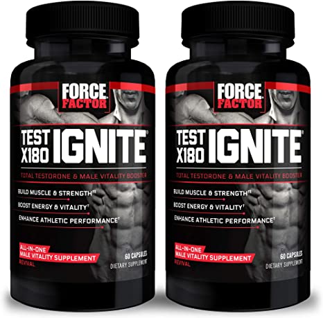 Force Factor Test X180 Ignite Total Testosterone Booster for Men with Fenugreek Seed and Green Tea Extract to Build Lean Muscle Boost Energy and Improve Athletic Performance Capsules, Black, 120 Count