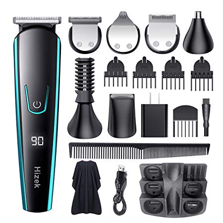 Beard Trimmer for Men,Hizek Mustache Trimmer Cordless 11 in 1 Male Grooming Trimmer Kit for Nose Beard Hair Waterproof Hair Clippers with LED Display,Stand Base,Hairdressing Cape for Family Use