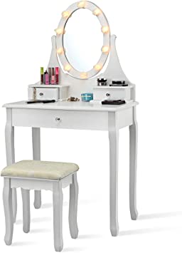 COSTWAY Dressing Table Set with Cushioned Stool, Detachable Tabletop and 3 Cosmetic Drawers, 360° Rotating Mirror with 10 LED Rose Lights, 2 IN 1 Makeup Vanity Table