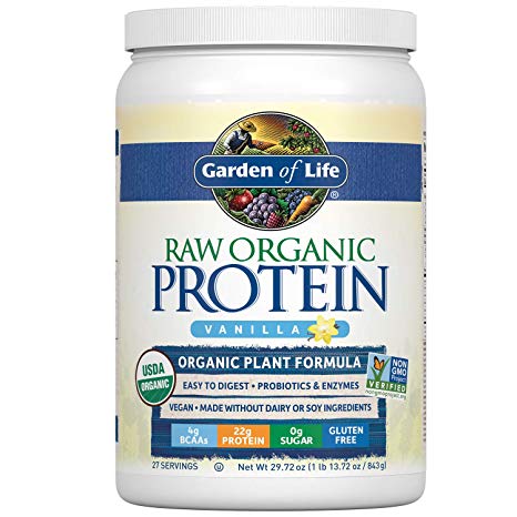 Garden of Life Raw Organic Protein Vanilla Powder, 27 Servings - Certified Vegan, Gluten Free, Organic, Non-GMO, Plant Based Sugar Free Protein Shake with Probiotics & Enzymes, 4g BCAAs, 22g Protein