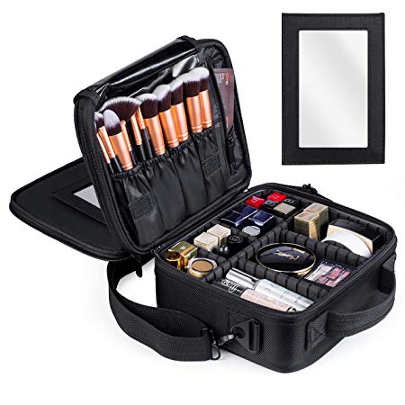 Kootek Travel Makeup Bag Double-Layer Portable Train Cosmetic Case Organizer with Mirror Shoulder Strap Adjustable Dividers for Cosmetics Makeup Brushes Toiletry Jewelry Digital Accessories, M