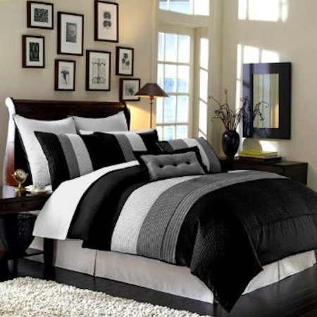 Legacy Decor 8pcs Modern Black White Grey Luxury Stripe Comforter 90x92 Set Bed in Bag - Queen Size Bedding