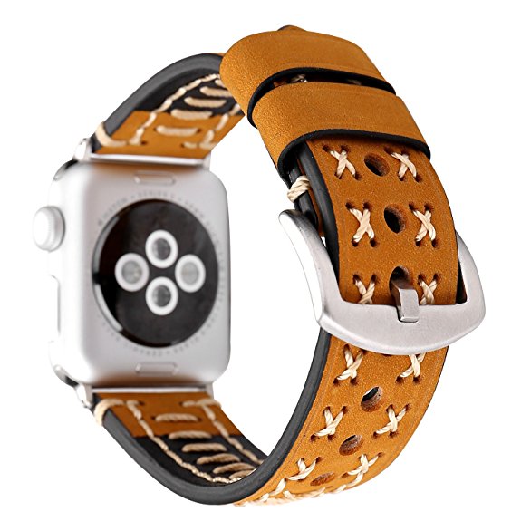 TCSHOW For Apple Watch Band 42mm,42mm Handmade Vintage Calf Genuine Leather Strap Wrist Band with Secure Metal Clasp Buckle for Apple Watch Series3 Series 2 and Series 1