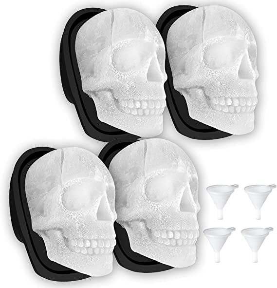 Large 3D Skull Ice Mold Silicone Skull Ice Cube Molds Trays with Funnels for Big Mouth Cup Durable Black Skull Ice Maker with Whiskey, Bourbon, Cocktails, Beer, for Parties (4 PCS (New))