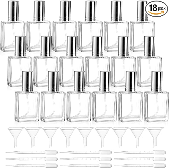 Foraineam 18 Pack Clear Glass Fine Mist Atomizer Spray Bottles, 15ml Refillable Mini Perfume Bottle, Empty Glass Perfume Atomizer Bottle Fragrance Bottles with Droppers and Funnels