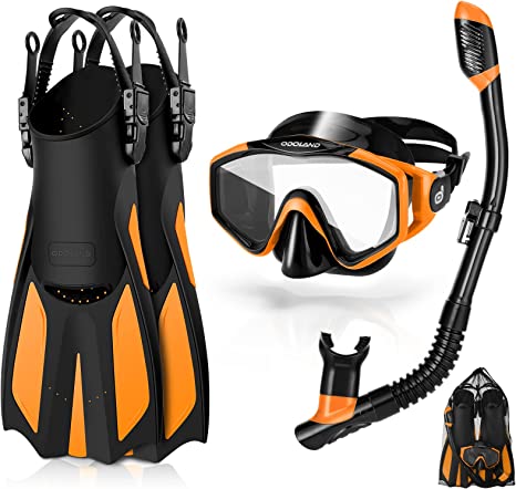 Odoland Snorkel Set with Wide View Diving Mask, Dry Top Snorkel, Swim Fins in Carry Mesh Bag, Anti-Fog Anti-Leak Snorkeling Gear for Men Women Adult & Kids