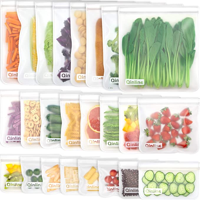 Reusable Food Storage Bags - 24 Pack BPA FREE Flat Freezer Bags(8 Reusable Gallon Bags   8 Leakproof Reusable Sandwich Bags   8 Food Grade Kids Snack Bags) Resealable Lunch Bag for Meat Fruit Veggies