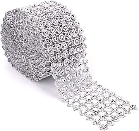 Foraineam 10 Yards / 30 Feet Rhinestone Crystal Ribbon Faux Diamond Ribbon Wrap Silver Flower Shape Mesh Wrap Roll