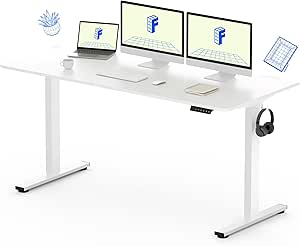 FLEXISPOT EN1 One-Piece Standing Desk, 60 x 24 Inches Large Height Adjustable Desk, Electric Sit Stand Desk Home Office Table Computer Workstation (White Frame   White Desktop, 2 Packages)