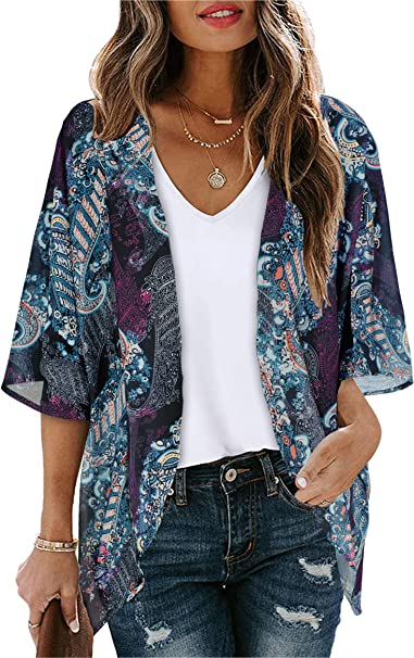 Women's Floral Print Puff Sleeve Kimono Cardigan Loose Cover Up Casual Blouse Tops