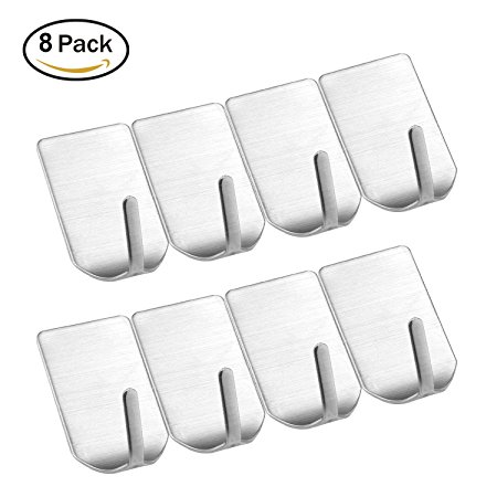 3M Self Adhesive Hook, HMTek Stainless Steel Wall Hooks Adhesive for Home Kitchen Coats Hats Keys Bags Contemporary Style, Brushed Finish, Pack of 8