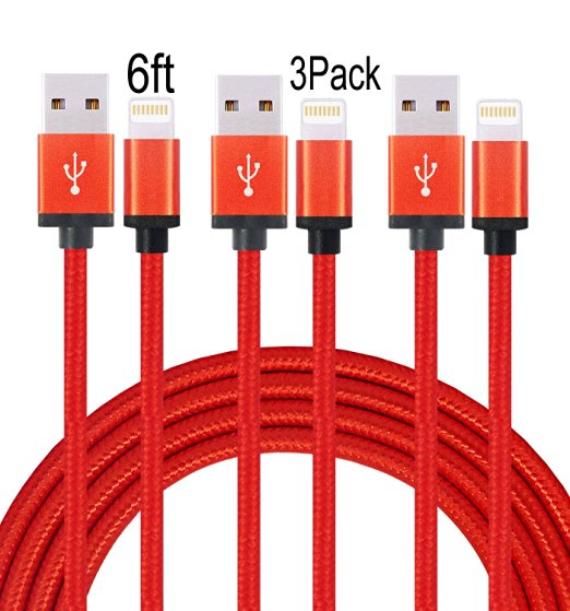 Suplink 3-PACK 6FT Extra long Cord 8 Pin Lightning to USB Charging Cables for iPhone SE/6/6s/6 plus/6s plus,5c/5s/5,iPad Pro/Air/Mini, iPod Nano/Touch (Red)
