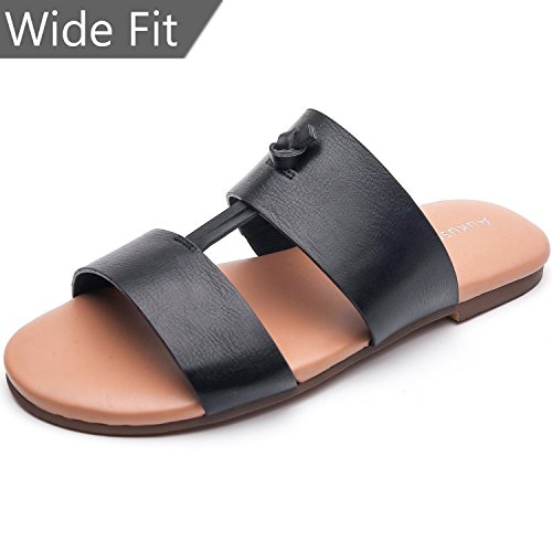 Aukusor Women's Wide Flat Sandals - Slide Summer Shoes with Two Straps and Memory Foam Insole