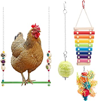 Deloky 4 PCS Chicken Swing Toys-Chicken Xylophone Toy with 8 Metal Keys-Chicken Veggies Skewer Fruit Holder for Hens