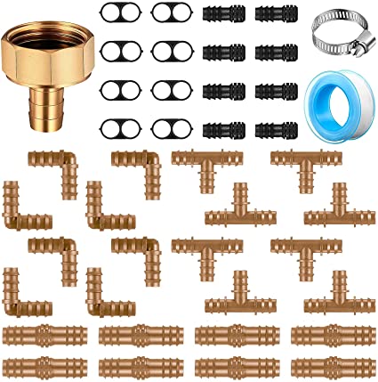 Outus Drip Irrigation Fittings 1/2 Inch Tubing 43 Pieces Set Include 8 Couplings 8 Tees 8 Elbows 8 End Closures 8 End Plugs, Faucet Adapter, Stainless Clamp, Tape for Drip Sprinkler Systems