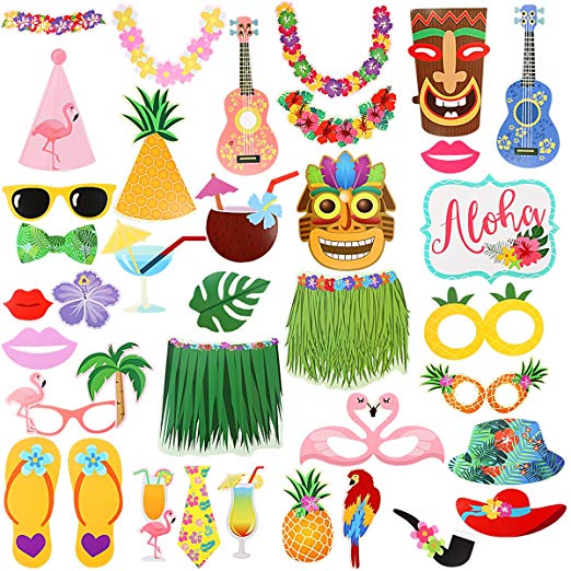 36Pcs Luau Photo Booth Props Kit,Hawaiian Tropical Tiki Beach Summer Pool Party Decorations Supplies
