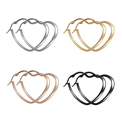 Paxuan Mens Womens 4 Pairs Surgical Stainless Steel Hypoallergenic Heart Love Hoop Earrings Set 40MM