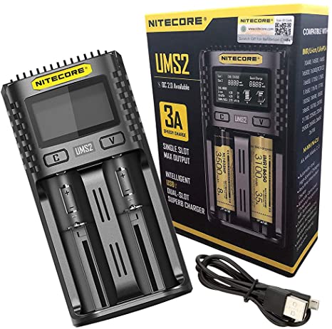 Nitecore UMS2 USB Universal 2-Port Speedy Charge Smart Charger for Li-Ion/Ni-MH/Ni-Cd/IMR 26650 22650 21700 20700 18650 18490 18350 17670 17500 17335 16340 RCR123 14500 10440 AA AAA AAAA C D Batteries