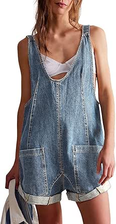 CHARTOU Women Casual Denim Short Overalls Rolled Cuff Barrel Shorts Jumpsuit Rompers