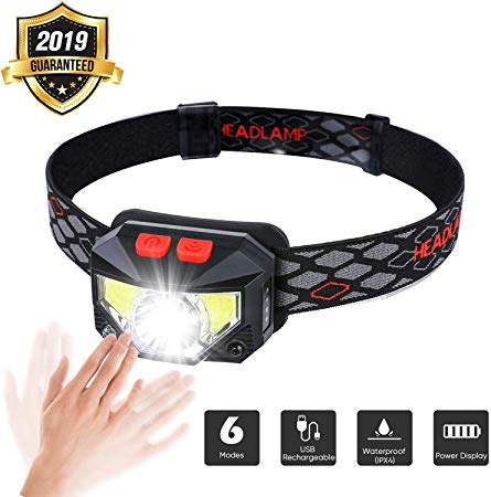 Aikoyi Headlamp, LED Headlamp Flashlight Motion Sensor Ultra Bright Head Lamp 6 Modes Rechargeable Headlight Flashlight with USB Cable for Camping, Running, Hiking and Reading, IPX-4 Water Resistant