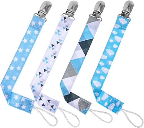 Yorgewd 4 Pack Dummy Clips for Baby Boy Girls, Baby Pacifier Clips Dummy Holders Soother Clips Baby Teething Clip Fit All Dummies Soothers Baby Shower (Blue)