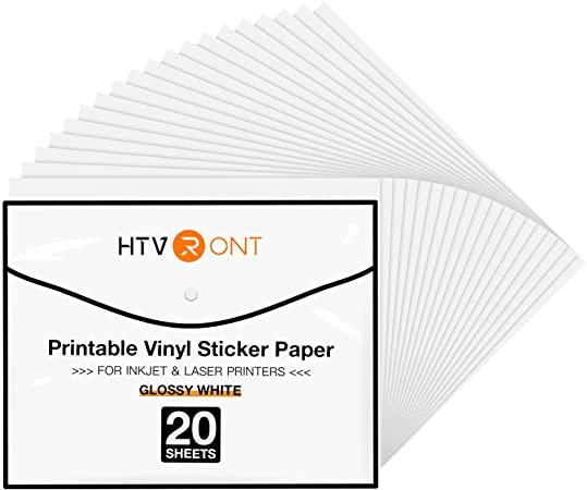HTVRONT Printable Vinyl 20 Sheets Glossy White Dries Quickly Vivid Colours 8.5"x11" Printable Vinyl Sticker Paper for Laser & Inkjet Printer