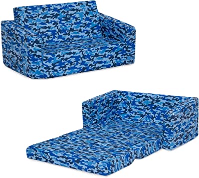 Delta Children Cozee Flip-Out Sofa - 2-in-1 Convertible Sofa to Lounger for Kids, Blue Camo