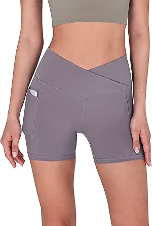 ODODOS Crossover Yoga Shorts for Women 5" Inseam High Waist Athletic Workout Running Biker Shorts