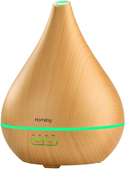 Homasy 450ml Essential Oil Diffusers, Upgraded Large Capacity Oil Diffusers with Large Mist Output, Quiet Aroma Diffuser with BPA-Free, Auto Shut-off, 4 Timers, 8 Colour Lights-Yellow Wood Grain