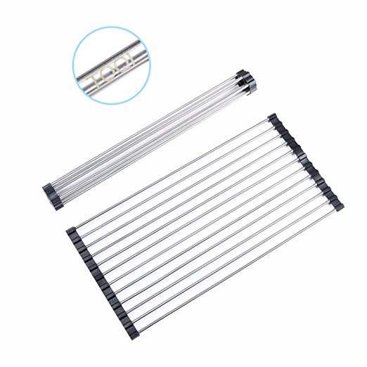 TOQI 18.5x9-Inch Stainless Steel Over Sink Roll Dish Drainer Rack with Cleaning Cloth