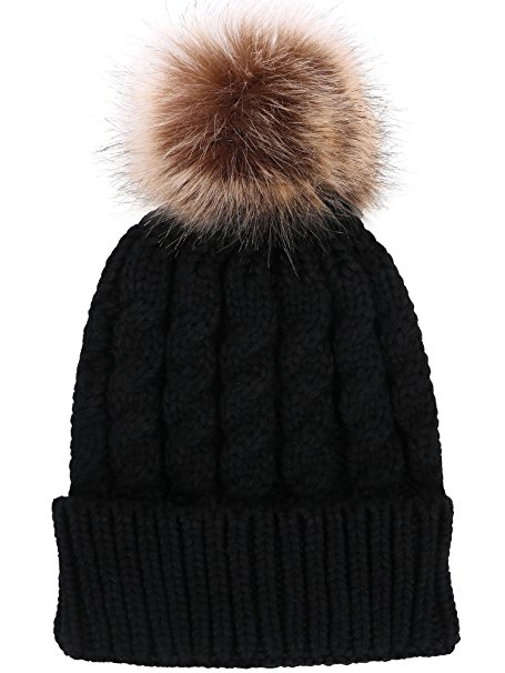 Toppers Women Winter Warm Knitted Faux Fur Pom Pom Beanie Hat