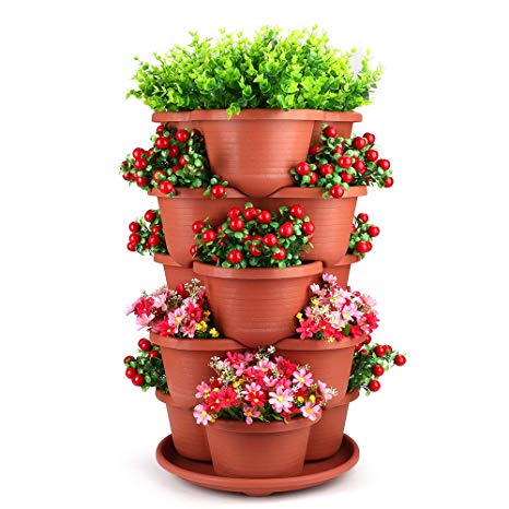 5 Tier Stackable Planter Vertical Garden - Outdoor & Indoor Gardening Tower for Growing Strawberry, Tomato, Herbs, Flowers, Vegetables and Succulents - Hanging Planter for Patio, Yard, Lawn, Porch