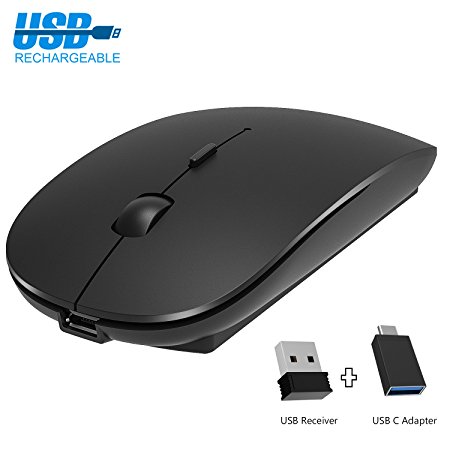Rechargeable Wireless Mouse, Pasonomi 2.4G Slim Mute Silent Click Noiseless Optical Mouse with USB Receiver and USB C adapter for PC, Notebook, Laptop, Computer, Macbook (Black)