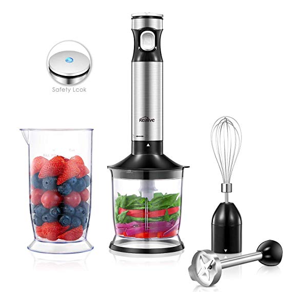 Hand Blender, Kealive Immersion Blender Set with Stepless Speed Control & Safety Child Lock, 4 in 1 Stick Blender with Whisk, Mini Chopper, Blending Beaker, 4 Blades, 1000W, Stainless Steel, BPA Free