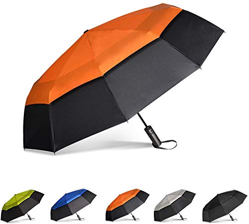 Brainstorming Compact Travel Umbrella -Windproof Double Canopy Construction, Automatic Open Strong Oversized Rain Umbrellas(Black &Orange)