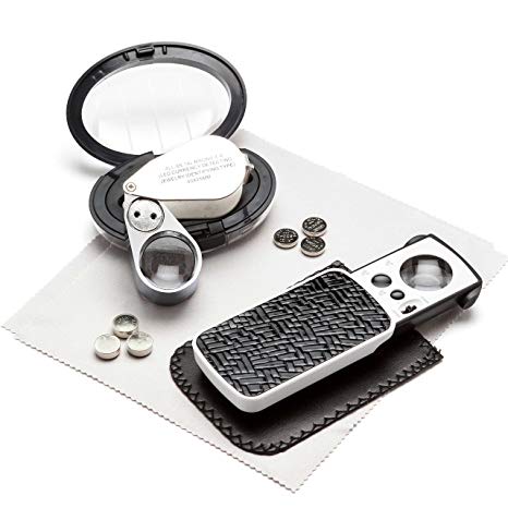 Jewelers Magnifying Glass Bundle: Includes Lighted SlideOut Pocket Loupe with 10x 20x 30x Lenses   40x Loupe   Case,   Batteries, Bonus & Guarantee; Ideal for Jewelers, Coin & Stamp Collectors