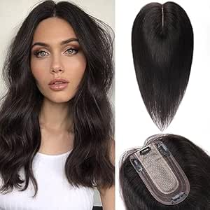 Benehair Human Hair Toppers for Women 100% Remy Human Hair 150% Density No Bangs Hair Topper 7 * 13 CM Silk Base Clip in Hair Pieces for Women 12 Inch #1B Natural Black