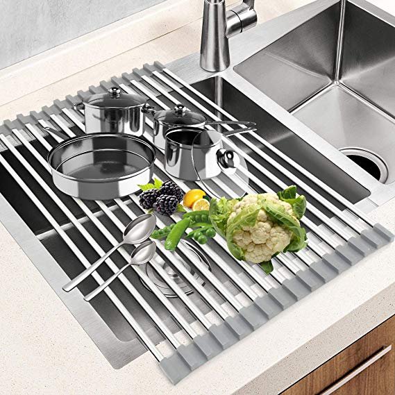 Dish Drying Rack 17.5" x 15", G-TING Over Sink Roll Up Large Dish Drainers Rack, Multipurpose Foldable Kitchen Sink Rack Mat Stainless Steel with Silicone Rims for Dishes, Cups, Fruits Vegetables