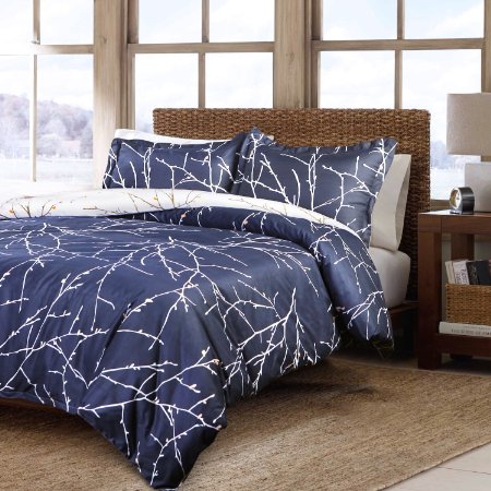 Bedsure 3 Piece Duvet Cover Set (1 Duvet Cover   2 Pillow Shams) Printed Duvet Cover King Set with Ultra-Soft Microfiber Navy Branch & Plum