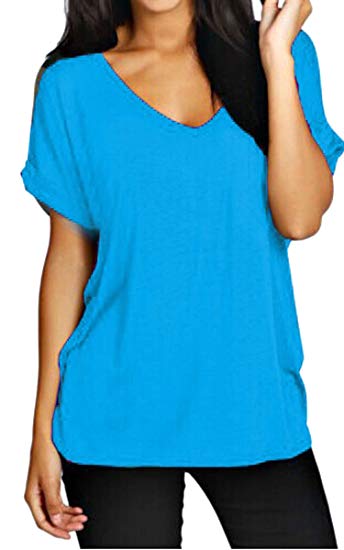 Meaneor Women Solid Comfy Loose Fit Roll Over Short Sleeve V Neck Lightweight Top Tee