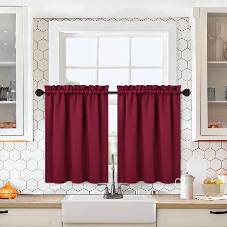 NANAN 2 Panels Tiers Small Window Treatment Curtain Insulated Blackout Drape Short Panel 26" W X 24" L Each for Kitchen Bathroom or Small Window,Burgundy 26 x 24 Inches Set of 2