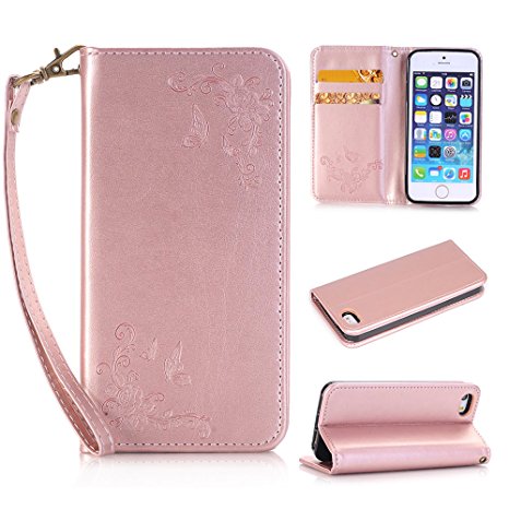 iPhone SE / 5S / 5 Case, Dfly Invisible Strong Magnetic Buckle Style Fancy PU Leather with Embossing Rose and Butterfly Pattern Automatic Adsorption Function Folio Flip Standing Wallet Case for Apple iPhone SE / 5S / 5, Rose Gold
